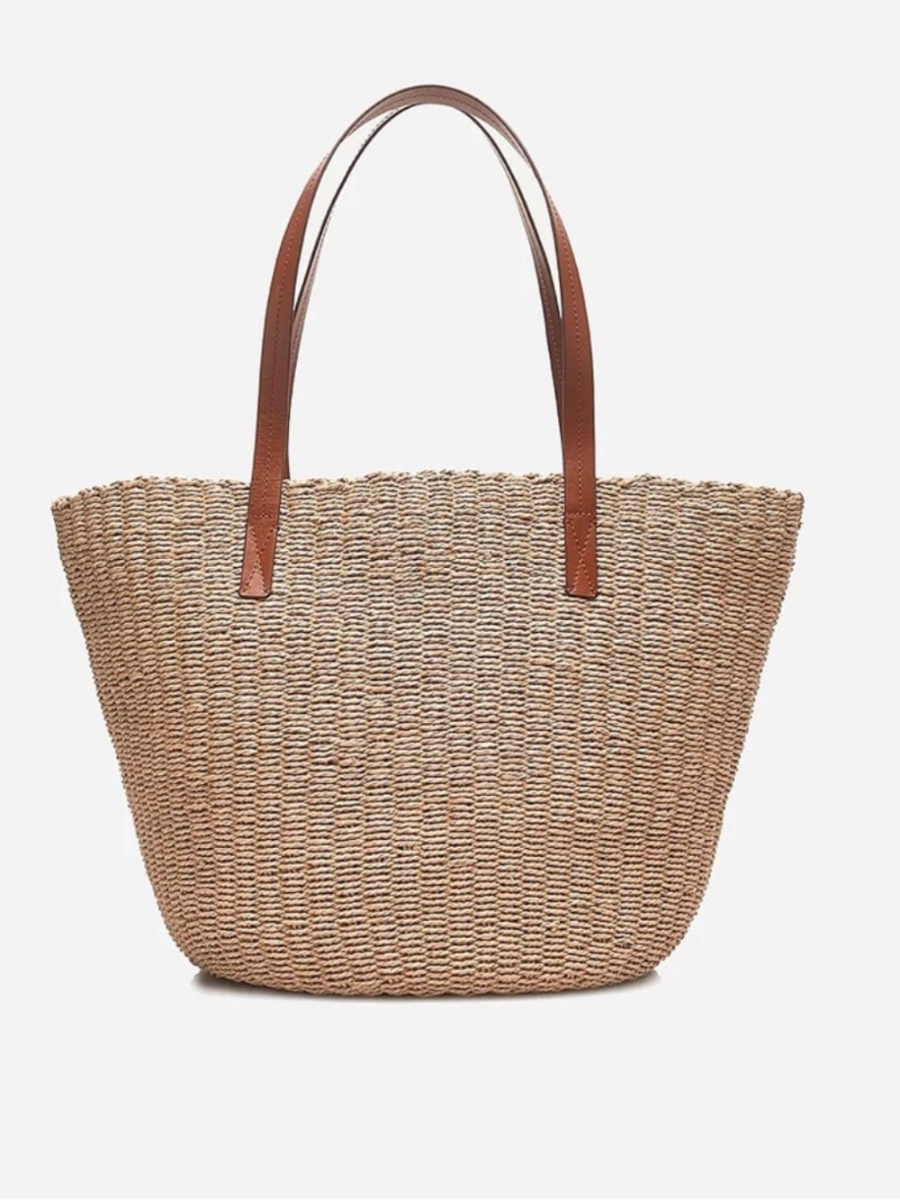 J. Crew Bag Straw Market Tote Leather Handles Woven Casual Large Tan Neutral